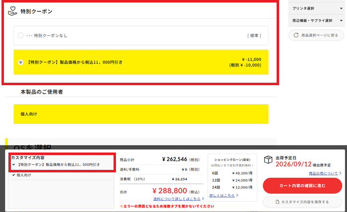 カスタマイズ画面で特別クーポンが適用され11,000円引きになっていることを確認する画面