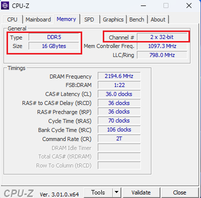 CPU-ZのMemoryタブでメモリ規格・容量・チャネル構成を確認する画面