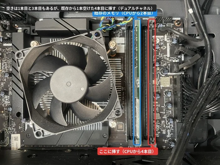 メモリスロットの並びと増設用に使う空きスロットの位置