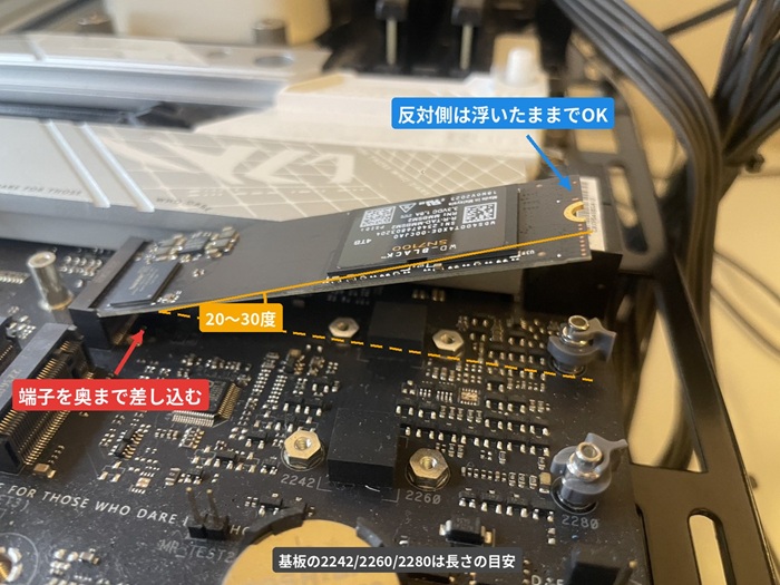 M.2 SSDをスロットに斜めに差し込んだ状態