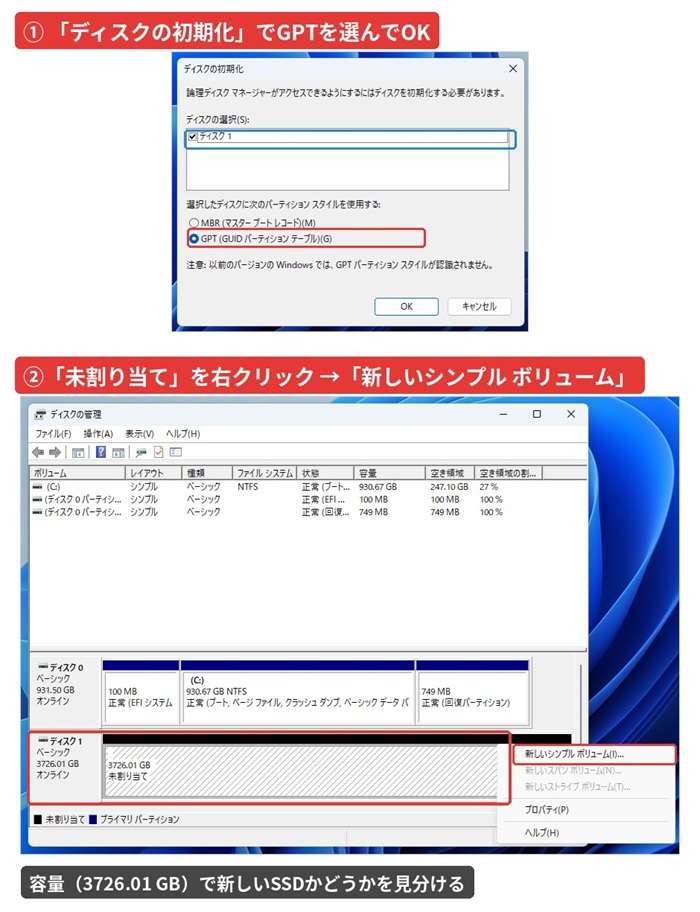 ディスクの管理で増設したSSDをGPTで初期化しボリュームを作成する画面