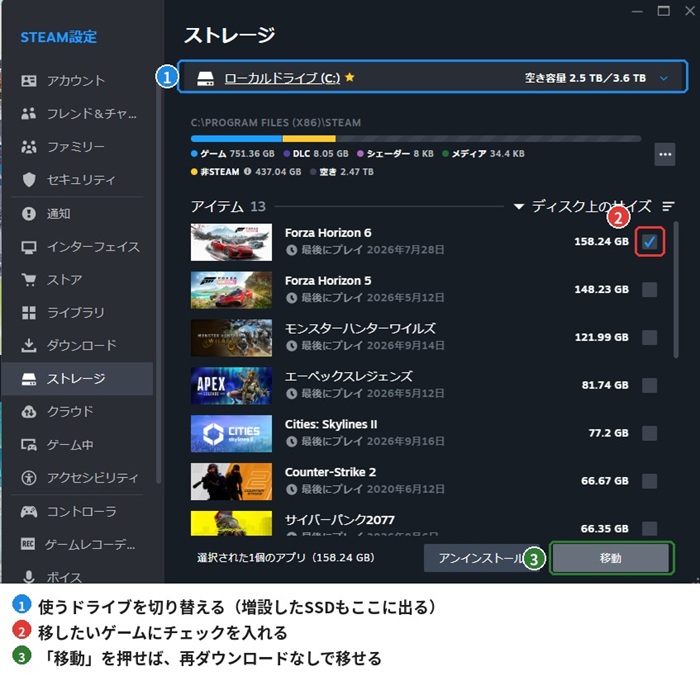 Steamのストレージ設定でゲームを増設したSSDへ移動する画面